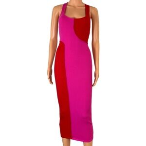 Naked Wardrobe Pink Red Colorblock Ribbed Midi Dress Womens Medium M/S runs smal